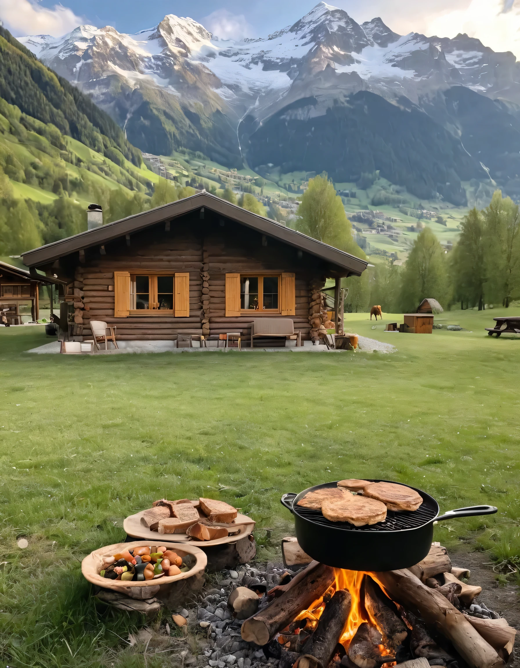 there is a pan of food cooking on a campfire in front of a cabin, setting in nature, beautiful place, cozy place, beautiful setting, log cabin beneath the alps, cottagecore!!, paradise in the background, cooking it up, incredibly beautiful, chalet, hearty breakfast, in the swiss alps, 8k))