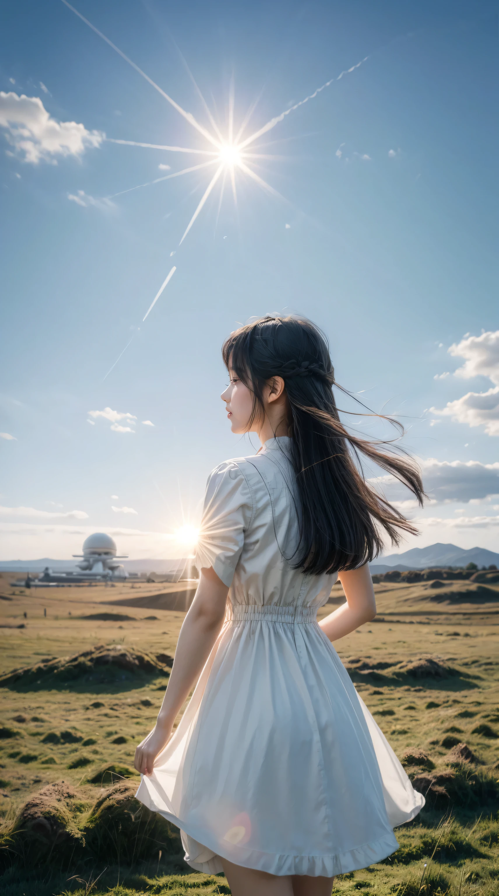 Hair floating in the air, Rear view, look at the sun, There is a starship in the sky, three suns, little girl with black hair, 12 year old girl, Standing on the grassland, landscape, universe, 8k, Super Detail