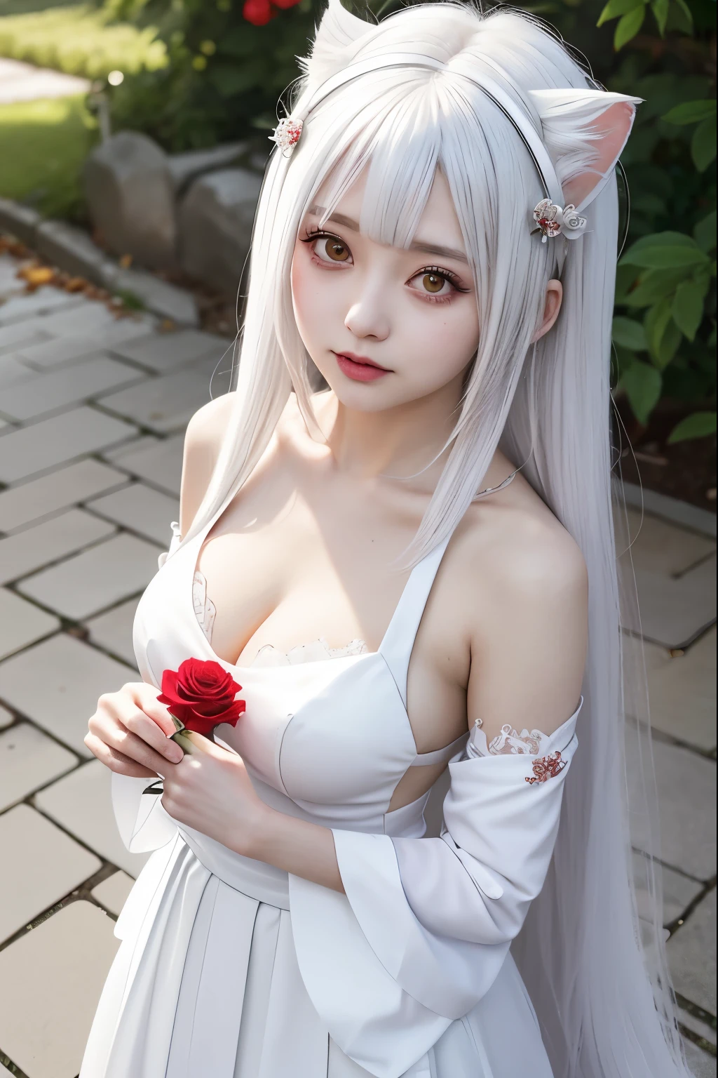 there is a woman with a white dress and a red rose in her hair, anime cosplay, anime girl cosplay, cosplay photo, anime style mixed with fujifilm, cosplay, white haired deity, a beautiful kitsune woman, cosplayer, white cat girl, girl silver hair, nekomimi, anime girl in real life, ayaka cosplay, white hime cut hairstyle
