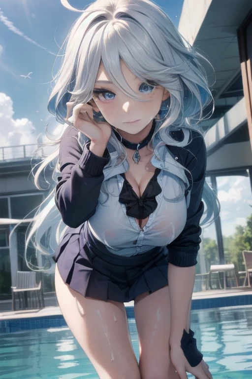 very cute and beautiful girl,tall,(highly detailed beautiful face and eyes:1.2),school uniform, white shirt,loose collar, skirt,(large breast:1.3),breast focus, (You can see the cleavage:1.2),standing,stylish pose,looking at viewer,Thin face,nice face,Clear face,clean face,pool side,distant school building,(long and beautiful legs:1.2) (best quality,masterpiece:1.2),highres,extremely detailed,solo, hair fluttering in the wind,beautiful detailed sky,(realistic),perfect hands,(many cum on body:1.2),Furina,sexy