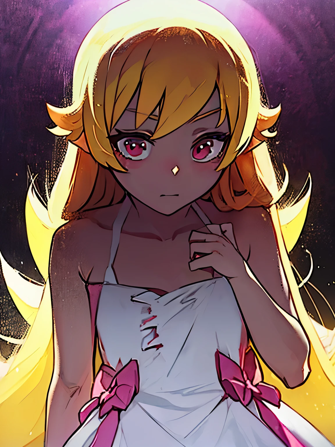 NSFW,oshino_shinobu,blush sticker,Blonde,Long Hair,White Dress,(Perfect hands),(Perfect Anatomy),(masterpiece),(highest quality)