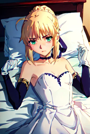 best quality, masterpiece, highres, solo, {saber_fatestaynightufotable:0.90}, 1girl, elbow_gloves, bare_shoulders, official_alternate_costume, white_gloves, white_dress, choker, ponytail, strapless, anime_coloring, small_breasts lying on bed, while her hand Holden tight on bed begging and blushing the same tjme
