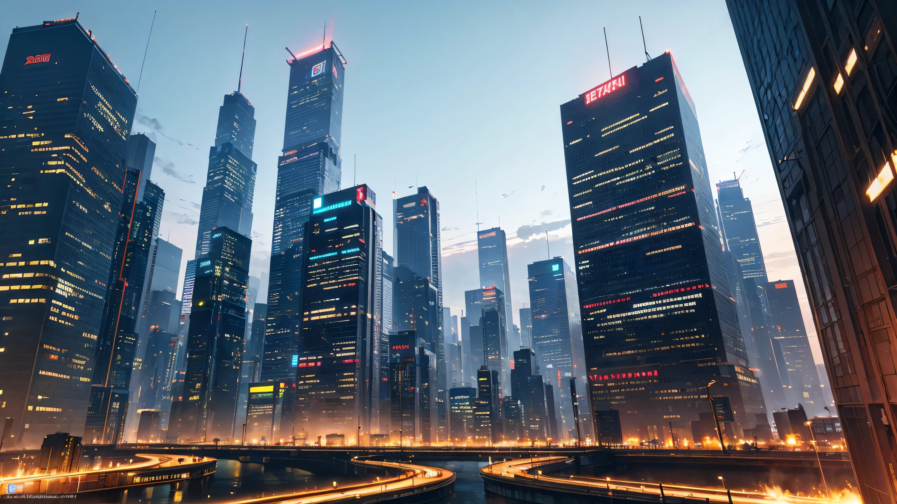 wide shot of corporate cyberpunk city, photorealistic, high detail, with glass towers and jetpackers