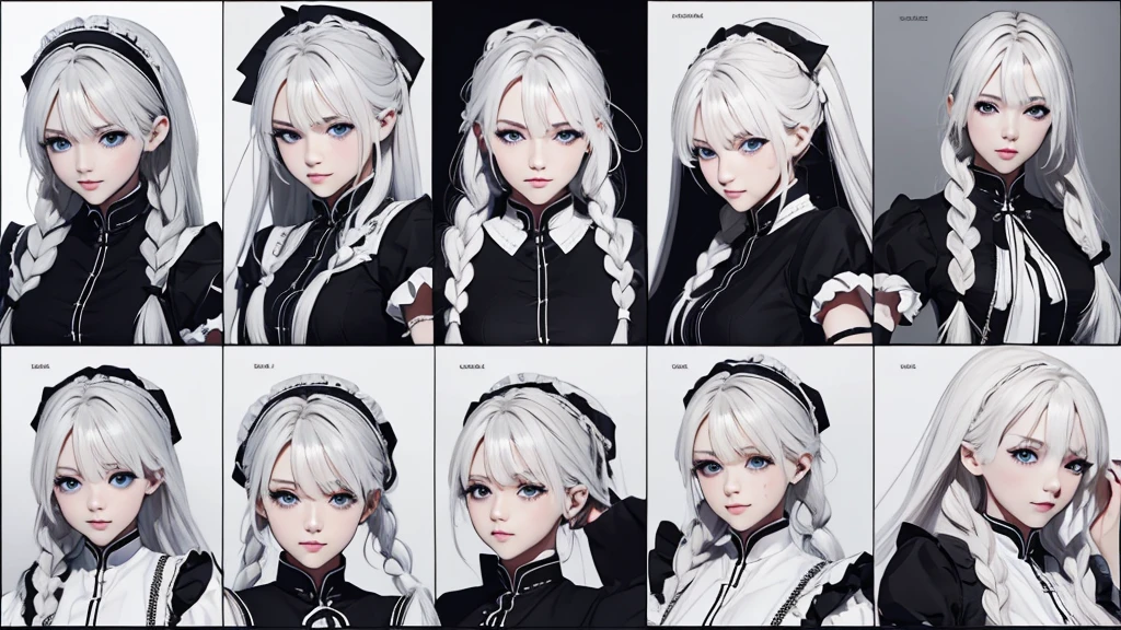 (Masterpiece,Highest quality),(Maximum details),(character design sheet,page,behind,side,All characters are the same.,),(Eye details),woman,braid white hair,pageตาน่ารัก,Yandere girl,Wear a black and white maid outfit.,holding a knife,blue eyes