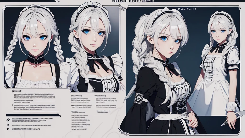 (Masterpiece,Highest quality),(Maximum details),(character design sheet,page,behind,side,All characters are the same.,),(Eye details),woman,braid white hair,pageตาน่ารัก,Yandere girl,Wear a black and white maid outfit.,holding a knife,blue eyes