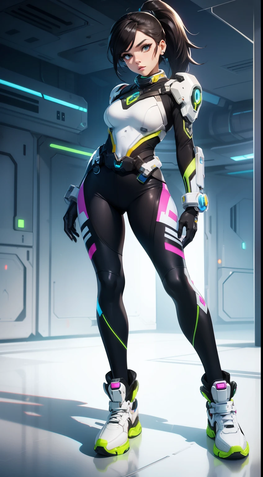 Female character concept, beautiful, cute face, sci-fi costume, stylized, with gloves and ponytail, overwatch style, sci-fi elements on the costume, full body with air force sneakers, neon leggings