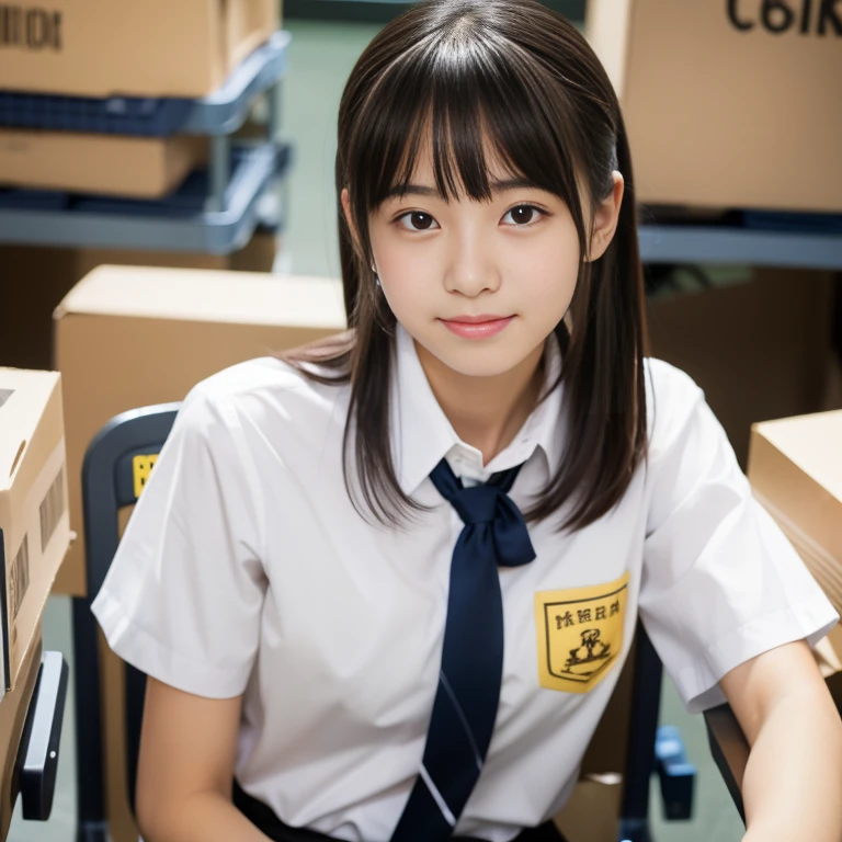 1 girl, Sitting on a chair in the packaging room、alone, Japanese High School Girls, 18-year-old, (highest quality, Realistic, High resolution, 8k, Very detailed, Detailed face, Shiny skin), Japanese , Collared shirt, White shirt, Ribbon tie, Black Hair, ragged bangs, ponytail,
