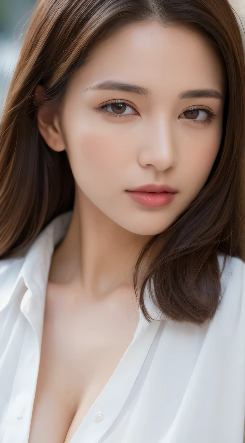 ((best quality, 8k, masterpiece :1.3)), Clear focus :1.2, Beautiful woman with perfect body :1.4, Slim abdominal muscles :1.2, ((Dark brown hair, Large Breasts :1.3)), (White buttoned long shirt :1.1), City Streets:1.2, Highly detailed face and skin texture, Delicate eyes, double eyelids,Have dimples