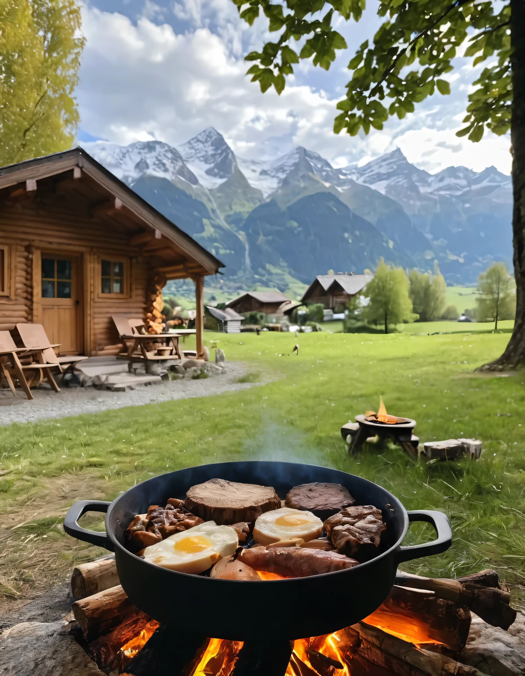 there is a pan of food cooking on a campfire in front of a cabin, setting in nature, beautiful place, cozy place, beautiful setting, log cabin beneath the alps, cottagecore!!, paradise in the background, cooking it up, incredibly beautiful, chalet, hearty breakfast, in the swiss alps, 8k))