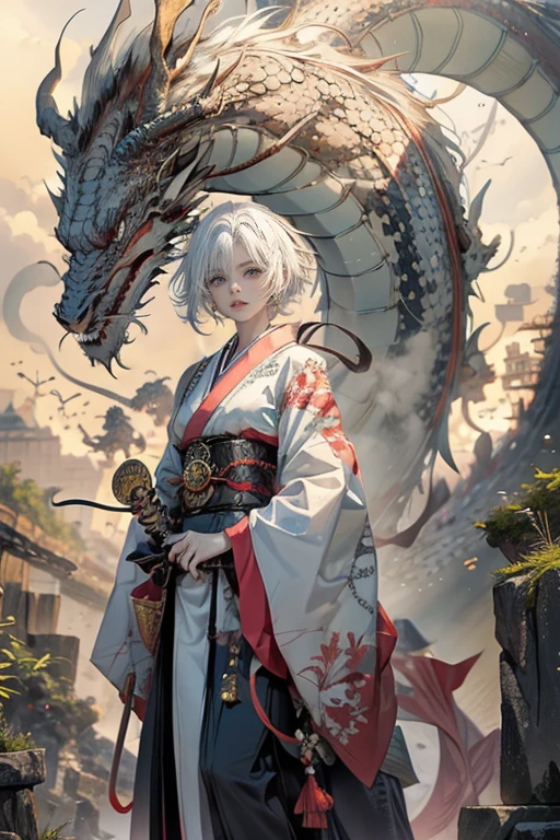 1lady and dragon,cool,white hair and short hair,kimono,have a sword,soldier