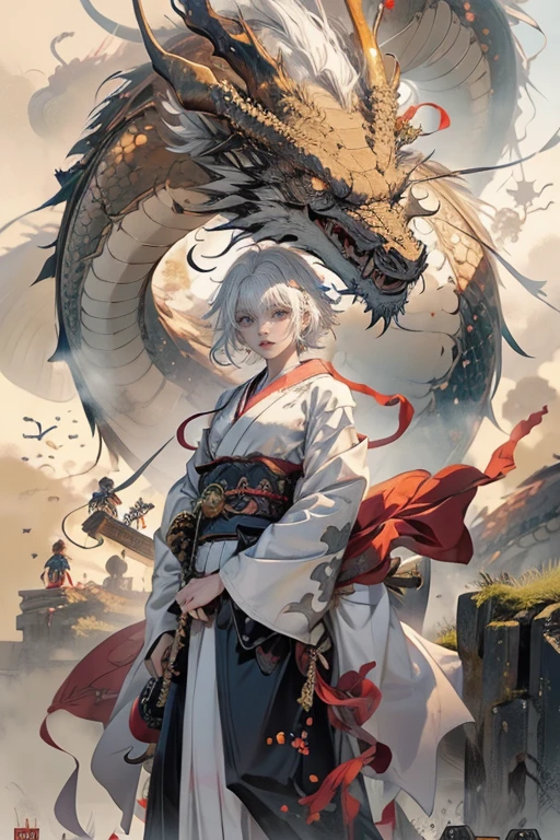 1lady and dragon,cool,white hair and short hair,kimono,have a sword,soldier