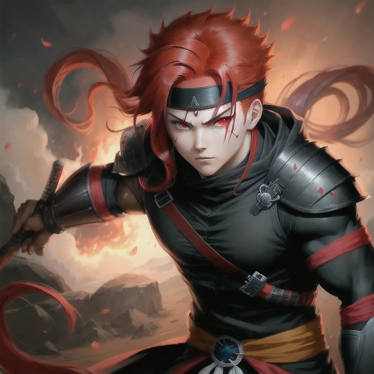 Two eye colors crimson red hair anime ninja