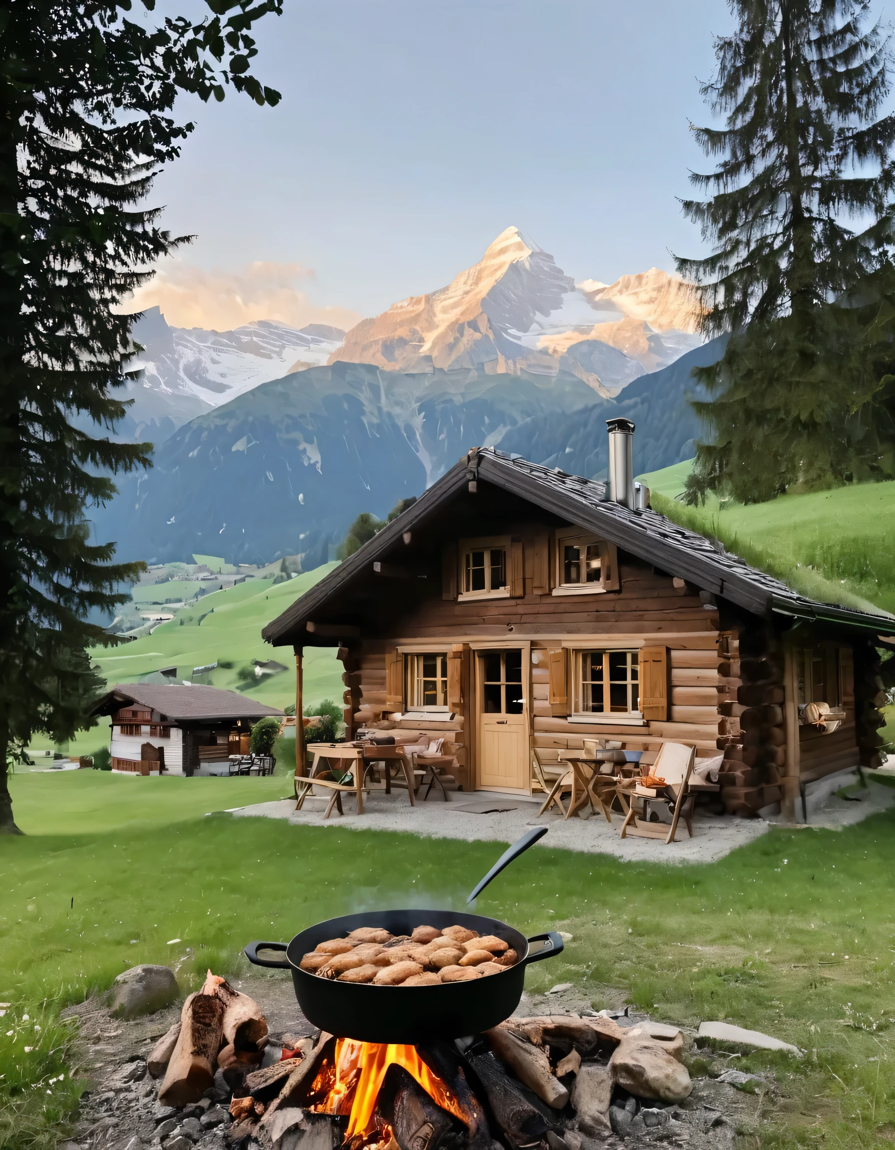 there is a pan of food cooking on a campfire in front of a cabin,  setting in nature, beautiful place, cozy place, beautiful setting, log cabin beneath the alps, cottagecore!!, paradise in the background, cooking it up, incredibly beautiful, chalet, hearty breakfast, in the swiss alps, 8k))