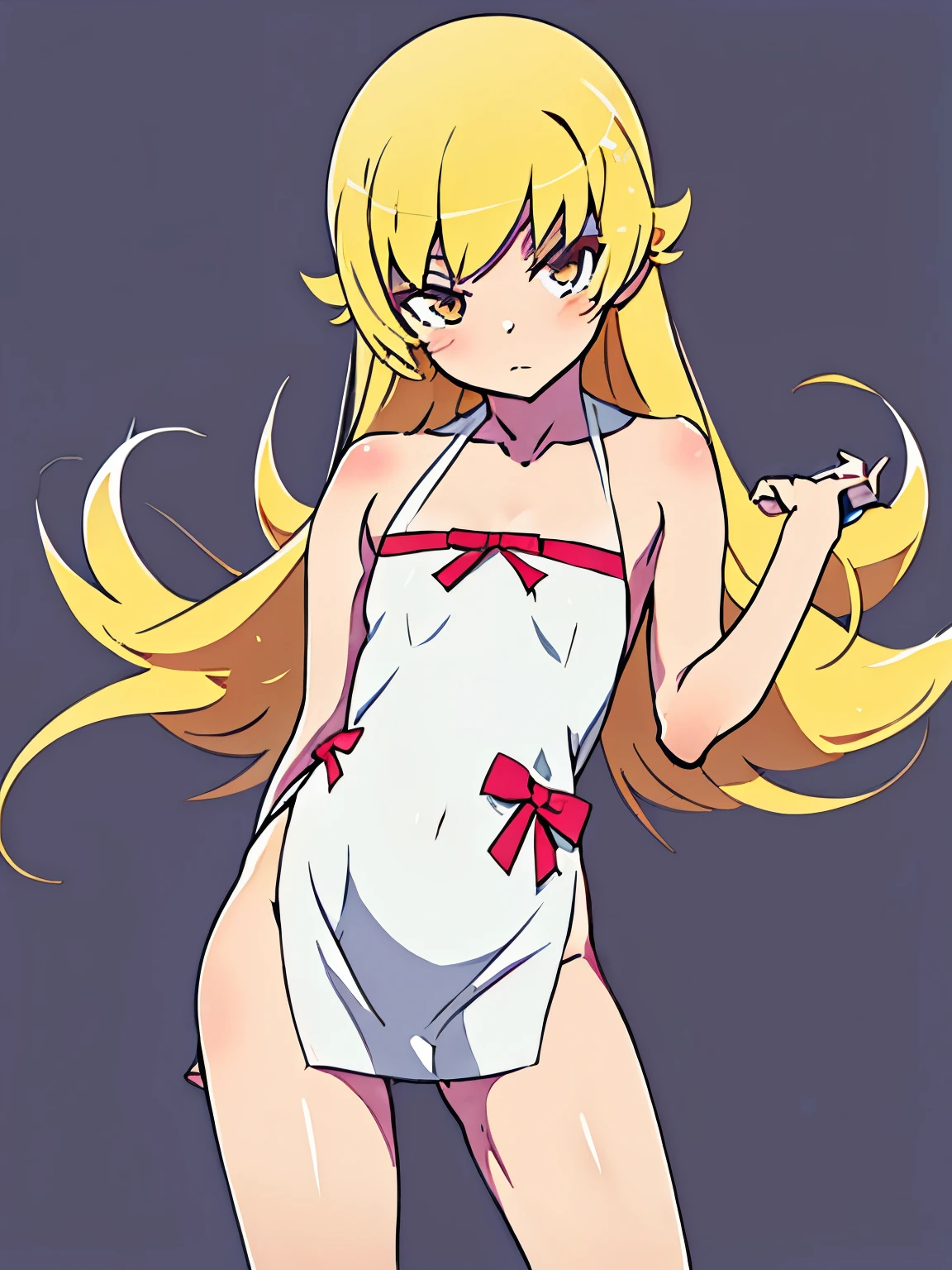 NSFW,oshino_shinobu,blush sticker,Blonde,Long Hair,White Dress,(Perfect hands),(Perfect Anatomy),(masterpiece),(highest quality)