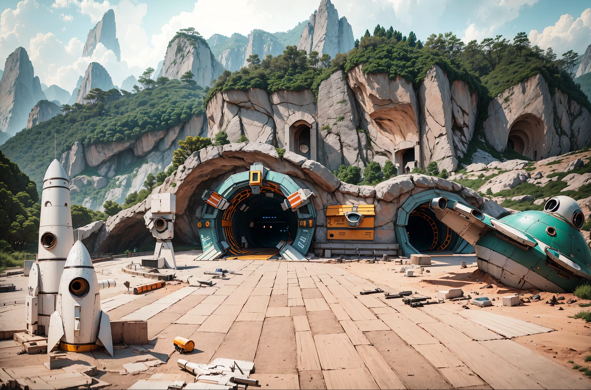  The entrance of the cave park features an open-air tunnel with colorful rocket and space-themed decorations, including elements such as rockets and spaceships. The background is surrounded by green mountains, photographed using Canon cameras with wide-angle lenses, bright colors, high saturation, natural light, clear details, and cheerful, adventurous movements.Rendered in Cinema4D，miwa komatsu，Illustrated，High contrast shadows