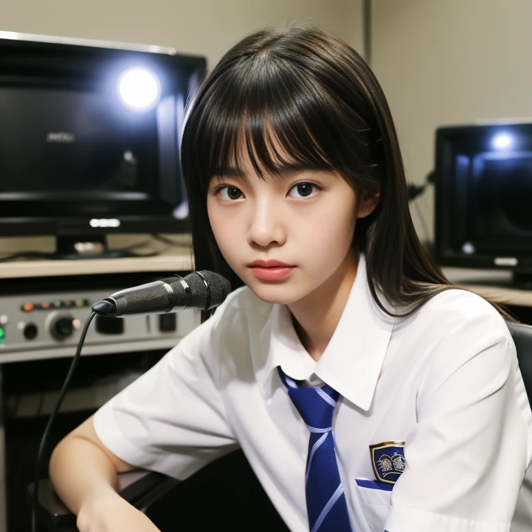 1 girl, He is sitting on a chair in the broadcasting room and speaking into a microphone.、alone, Japanese High School Girls, 18-year-old, (highest quality, Realistic, High resolution, 8k, Very detailed, Detailed face, Shiny skin), Japanese , Collared shirt, White shirt, Ribbon tie, Black Hair, ragged bangs, ponytail,