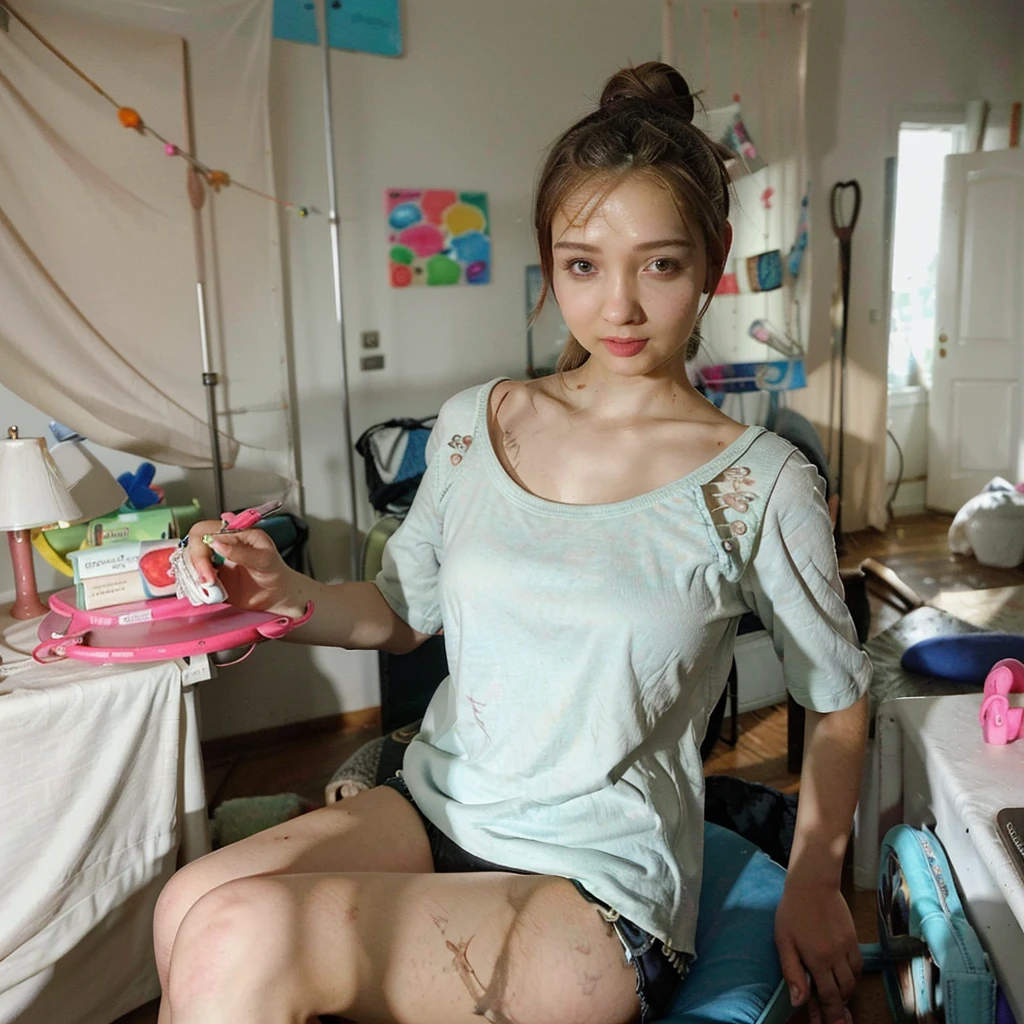 "best quality,highres,ultra-detailed,photorealistic:1.37,professional,studio lighting,sharp focus,soft lighting,bokeh,candid,portrait,kind eyes,lively expression,vivid colors,casual attire,colorful background,cute woman,happy,relaxed,short tshirt,yoga pants,comfortable,topknot hairstyle,messy apartment,cluttered room,disorganized,dirty dishes,piles of clothes,books scattered,unmade bed,homely atmosphere,overstuffed chair,playful attitude,enjoying free time,cell phone addiction,entertainment,online gaming,fun games,phone apps,social media browsing,homely environment,everyday life scene"