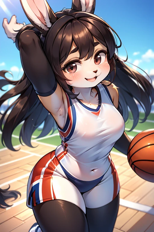 (from above) , hairy rabbit mom , realistic rabbit legs , round face , (tilt face:1.1) , (half-open wink:1.2) , moist round eyes , Swollen cheeks , dark color hair , long hair , lively smile , glossy lips , sports wear , 3 on 3 coat , basketball , (high speed Blur:1.3) , Hair fluttering in the wind , Layup shot , Goal Net