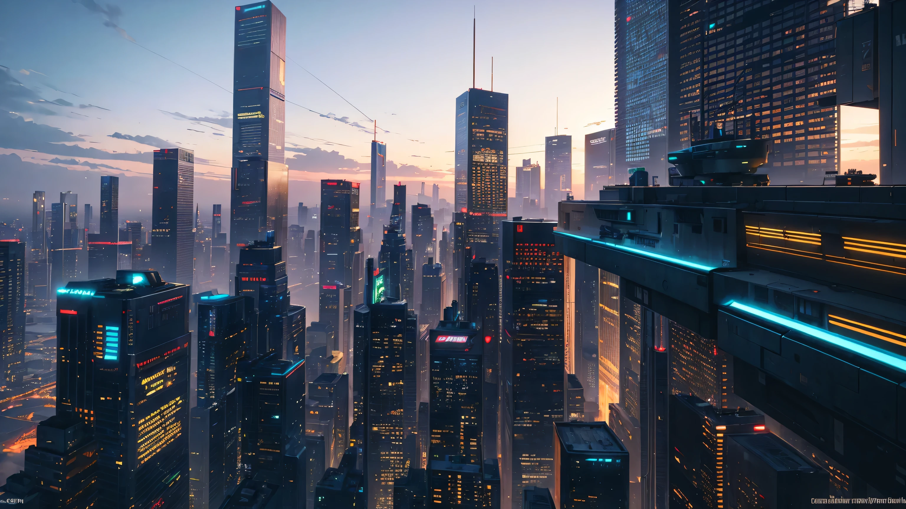 wide shot of corporate cyberpunk city, photorealistic, high detail, with glass towers and jetpackers