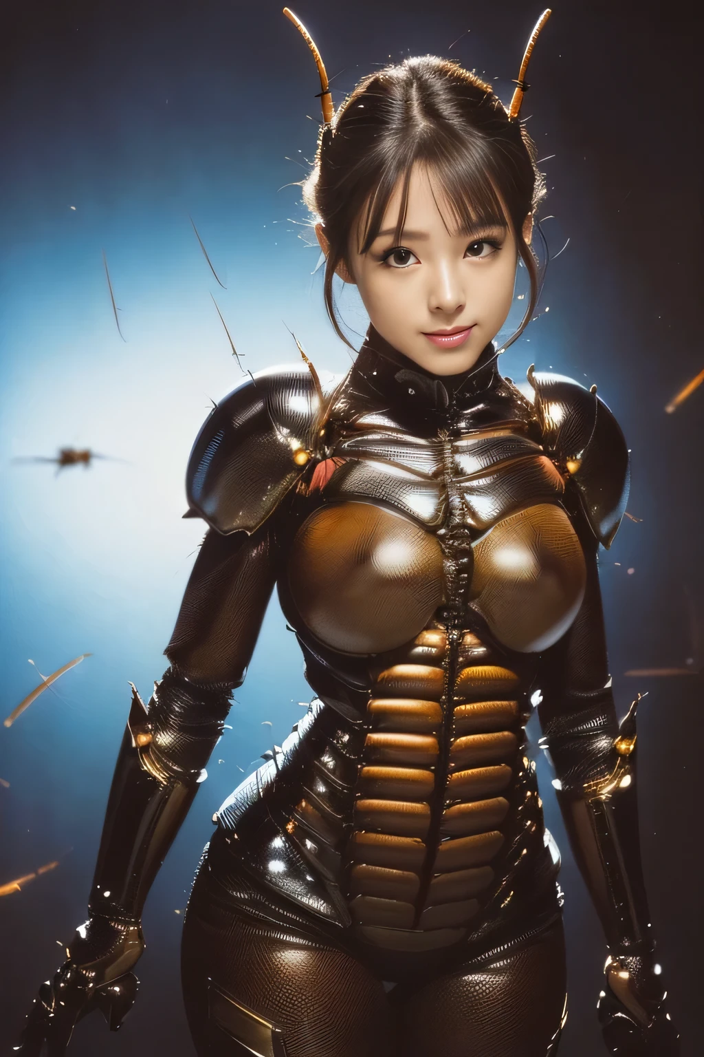(high resolution,masterpiece,best quality,extremely detailed CG, anime, official art:1.4), realistic, photo, amazing fine details, all intricate, gloss and shiny,awesome many layers, 8k wall paper, 3d, sketch, kawaii, illustration,( solo:1.4), perfect female proportion,villainess, (fusion of dark brown cockroach and lady:1.4), (brown cockroach form lady:1.2), (brown cockroach lady:1.2), (fusion:1.2), (solo:1.4), (evil smile:1.2), muscular, abs, (cockroach brown exoskeleton bio insect suit:1.4), (cockroach brown exoskeleton bio insect armor:1.2), (brown transparency cockroach wing:1.4), (brown cockroach antennae:1.3),