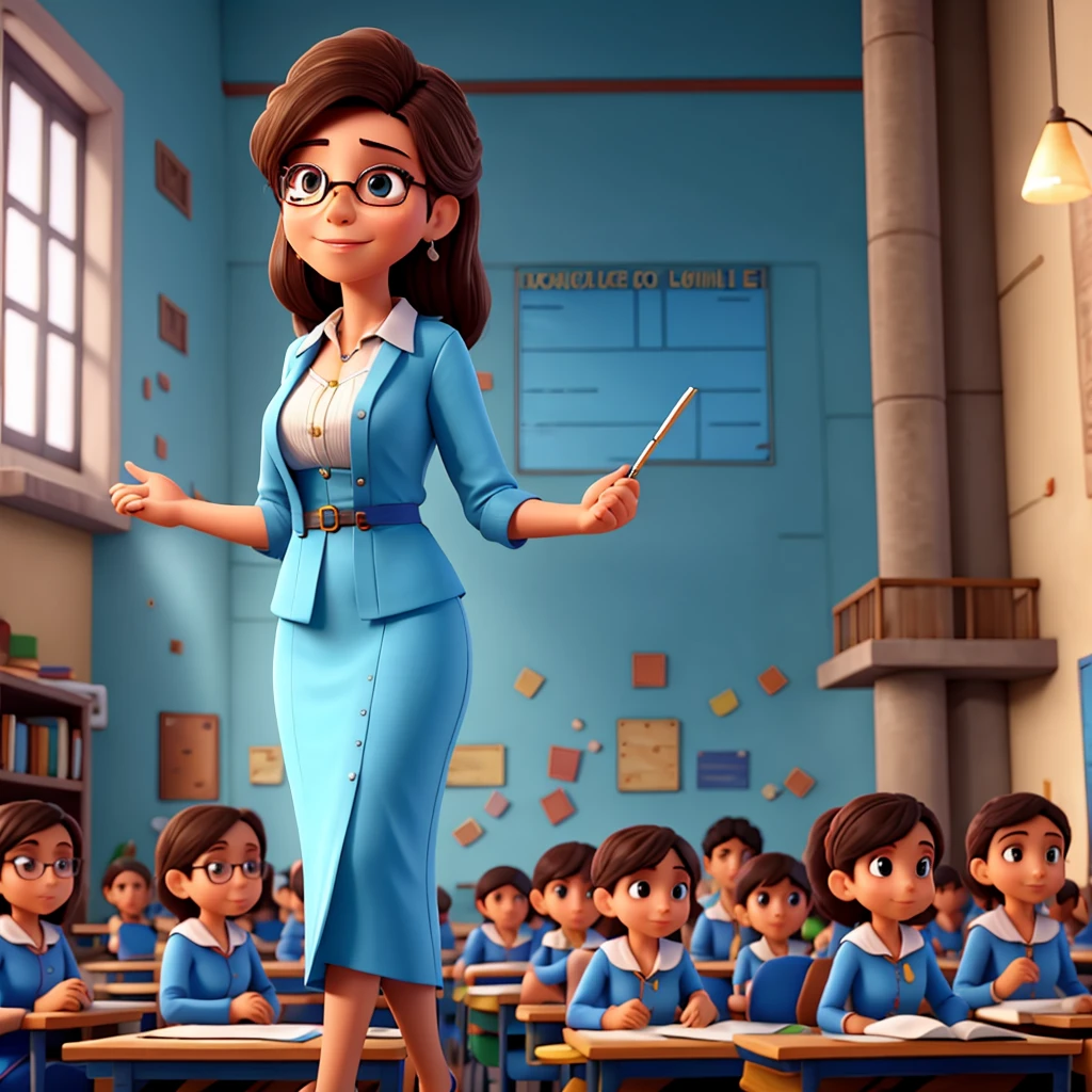 Professora em sala de aula ao lado da lousa