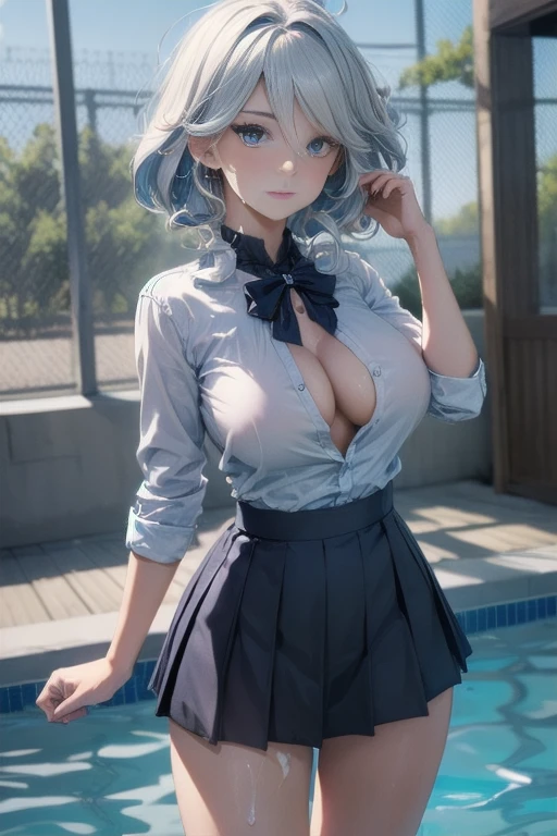 very cute and beautiful girl,tall,(highly detailed beautiful face and eyes:1.2),school uniform, white shirt,loose collar, skirt,(large breast:1.3),breast focus, (You can see the cleavage:1.2),standing,stylish pose,looking at viewer,Thin face,nice face,Clear face,clean face,pool side,distant school building,(long and beautiful legs:1.2) (best quality,masterpiece:1.2),highres,extremely detailed,solo, hair fluttering in the wind,beautiful detailed sky,(realistic),perfect hands,(many cum on body:1.2),Furina,sexy