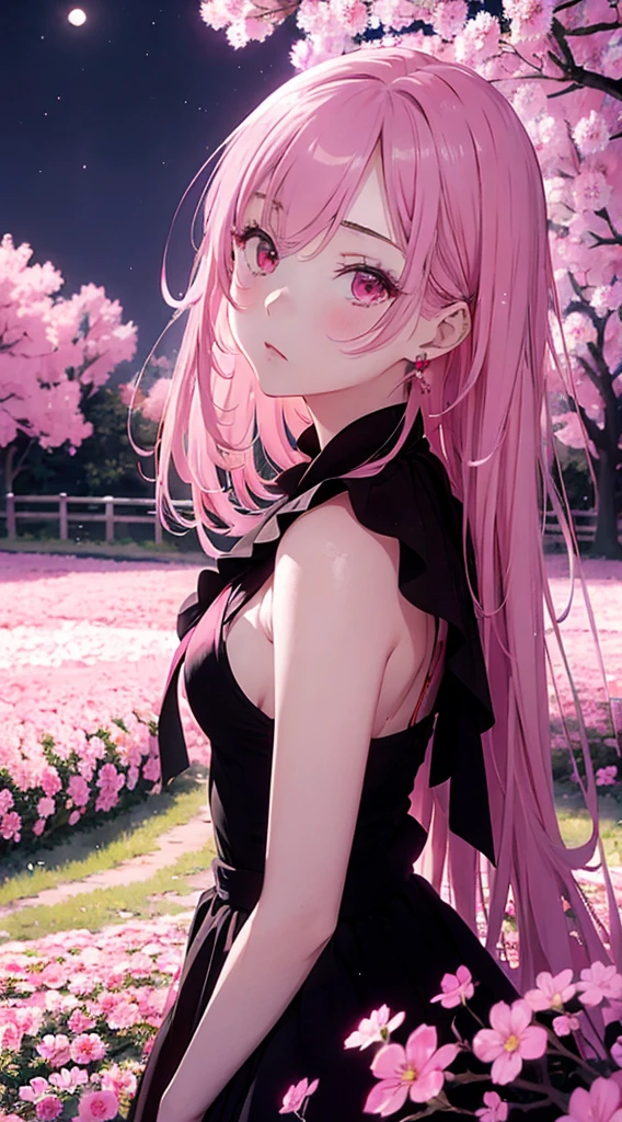 (masterpiece:1.2),(Anime-style girl with a beautiful face:1.2), Standing in a park full of pink flowers,The scenery is illuminated by the moonlight,Add depth to your images,Using shallow focus、Emphasize the girl and her surroundings, The background is soft and blurry,Add a dramatic and symbolic element to your scene,Black and pink outfit,Pink long hair,Pink magic light,A girl with beautiful, deep red eyes