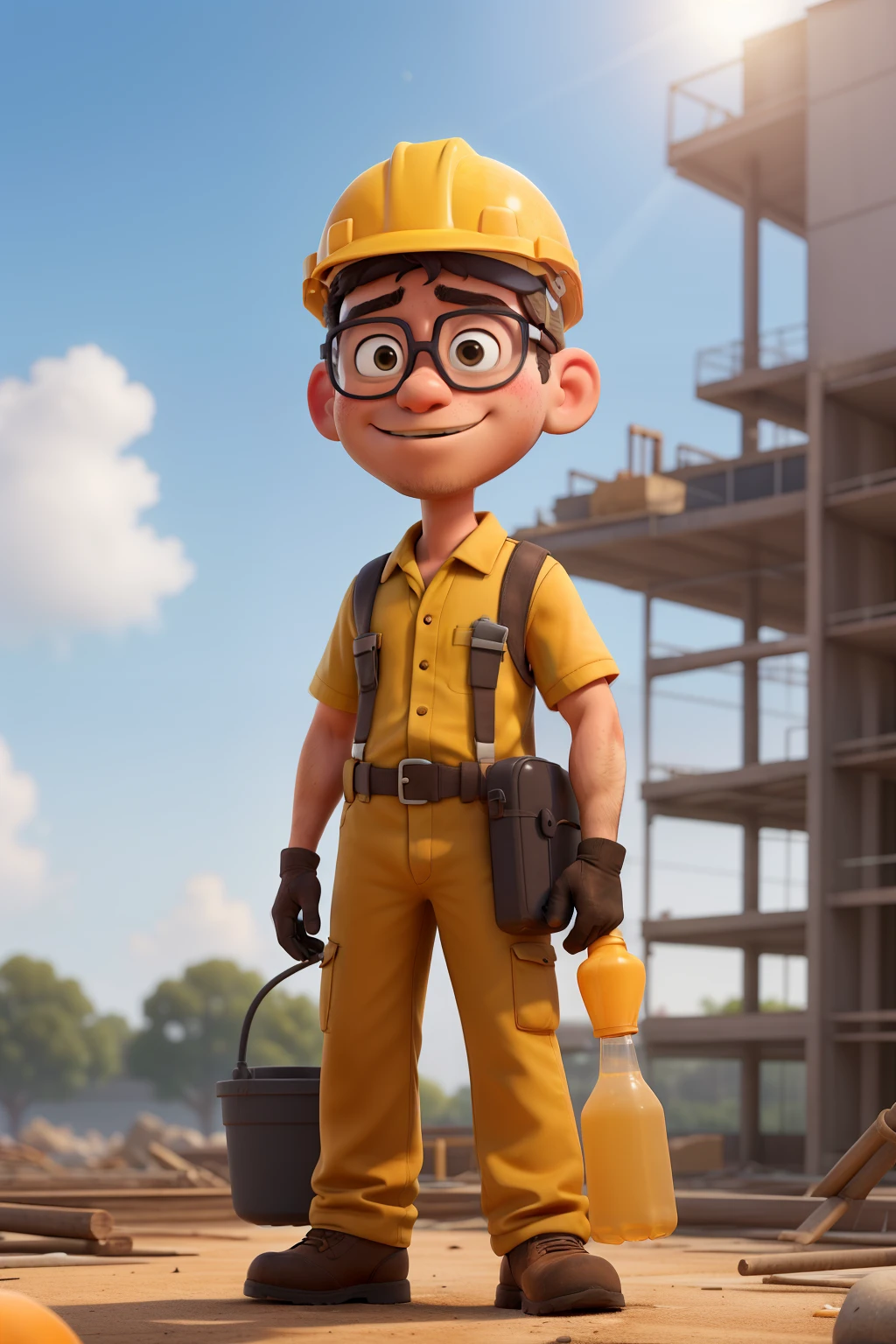 an image in which should indicate heat stress- worker in a construction site (Plant) exposed to sunlight. the workers did wear personal protecting equipments such as safety helmet, safety shoe, gloves, goggles, he is waering a coverall dress  make a cartoon image..looking he is standing tired..sweating. make an image as a cartoon .add a sun  in the photo. and the guy should look sweatiness. make him drinking water from a bottle

