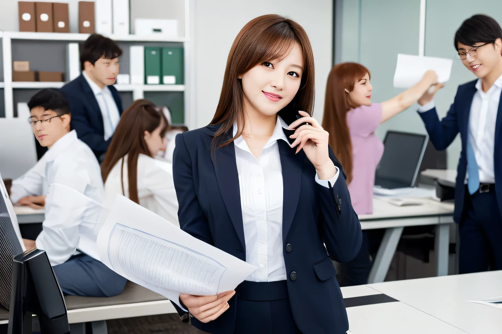 A sexy young office lady wears office clothes and jumps hard in the middle of hard working employees, one girl, jump, multiple girls, paper flying, making a phone call, realistic, long hair, brown hair, Office, Beautiful, Model, Top Quality, Masterpiece, Cute, Top Quality, Clear Face, Ultra High Resolution, (Photorealistic), High Detail RAW, [:(High Detail Face: 1.3):0.1], Top Quality, Age 23, 35mm lens, f/1, various poses.