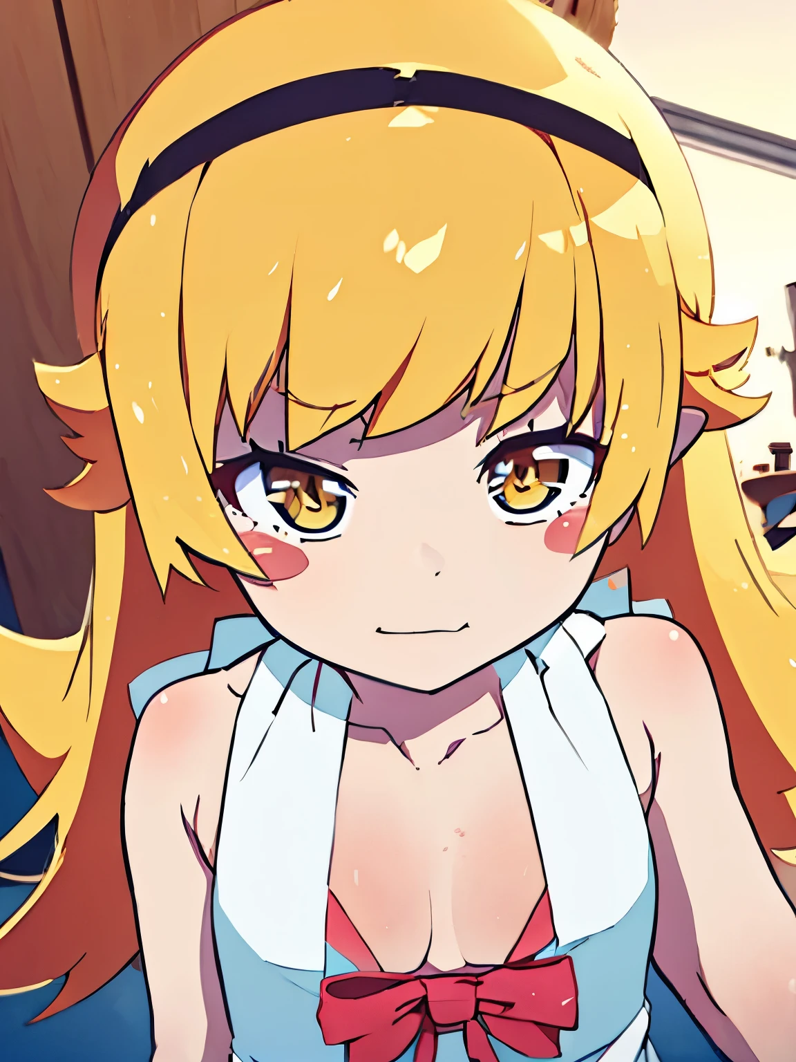 NSFW,oshino_shinobu,blush sticker,Blonde,Long Hair,White Dress,(Perfect hands),(Perfect Anatomy),(masterpiece),(highest quality)