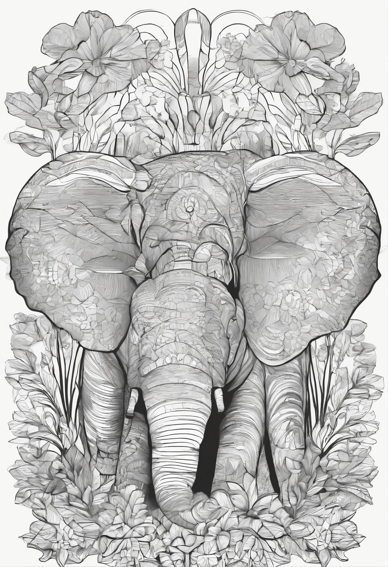 A black and white image for coloring book of a story between two animal friends : elefant and monkey