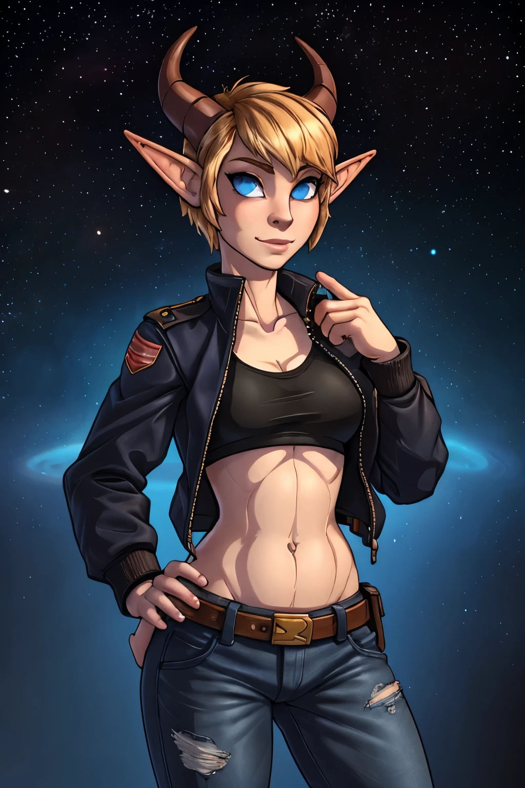 Tomboy tiefling, pretty face, human nose, space station background, thin body, slim, fit, (tiefling horns), dark blonde hair, tomboy pixie cut,  blue eyes, round breasts, adjatha, utility belt, cropped jacket, black tanktop, jean pants, SFW, elf, tielfing scales on hands and face.
