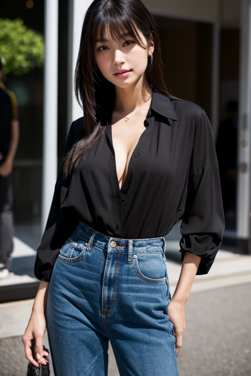 8k、Highest quality、Perfect figure、Japanese women、Boyish and cool beauty Japanese women、Stylish、Clothes that reveal cleavage、Black shirt