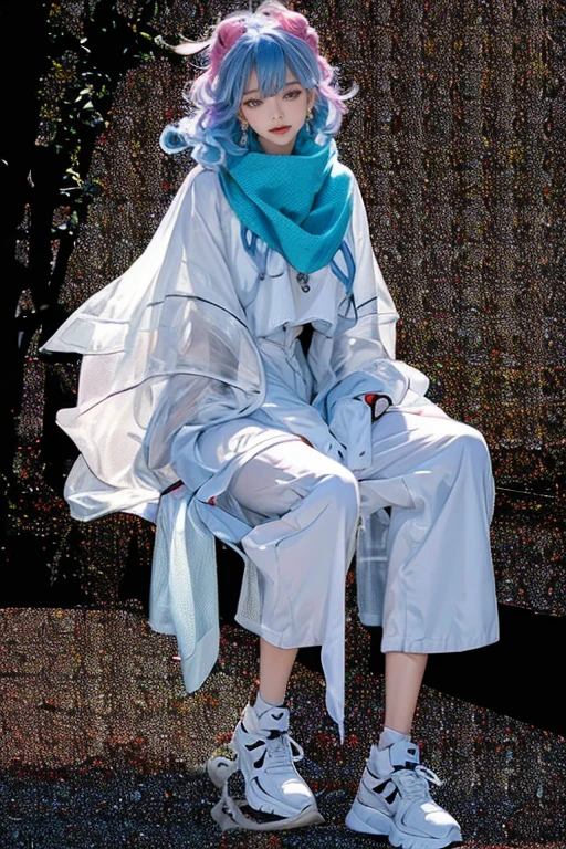 highest quality, Very detailed, masterpiece, 1 person,woman,(((完璧なwomanの体))),Very beautiful face, Very beautiful body,Gentle expression, Very beautiful eyes,(Perfect Makeup:1.1),Fashion Model,Cyberpunk Fashion,Curly Hair,Shaggy Hair,Fluorescent pink and blue hair:1.3, Very thin body,Smart Abs, Monogram pattern,Gradation,Spacesuit,Two-tone high-top sneakers,A kind smile,Full body portrait,(London street background:1.3), (Shiny skin),(Earrings),Long scarf,long shawl,