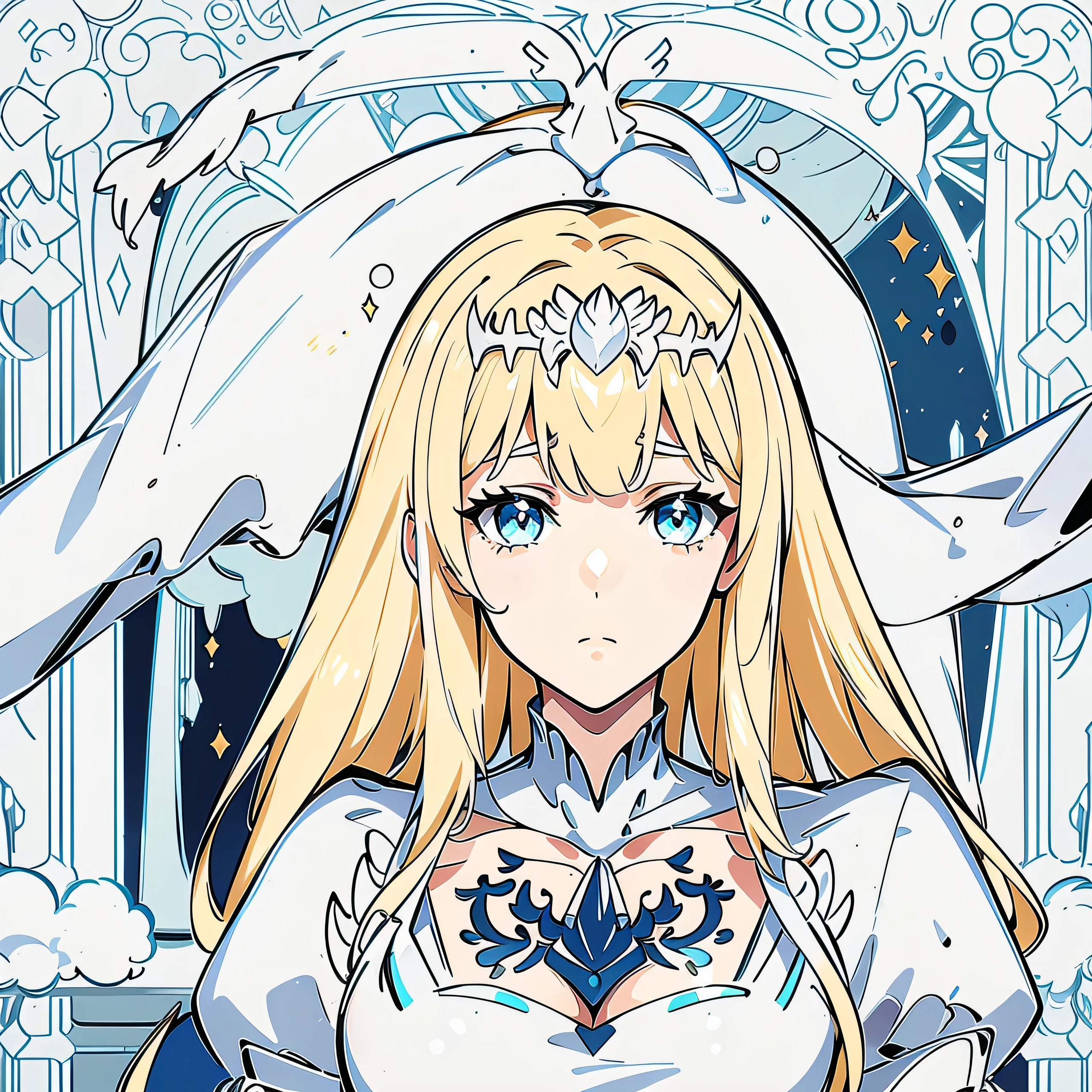 anime, portrait, 4k, 1girl, solo, Calca, Calca Bessarez, blonde hair, extremely long hair, very long hair, white tiara, silver tiara, white dress, blue eyes, medium chest