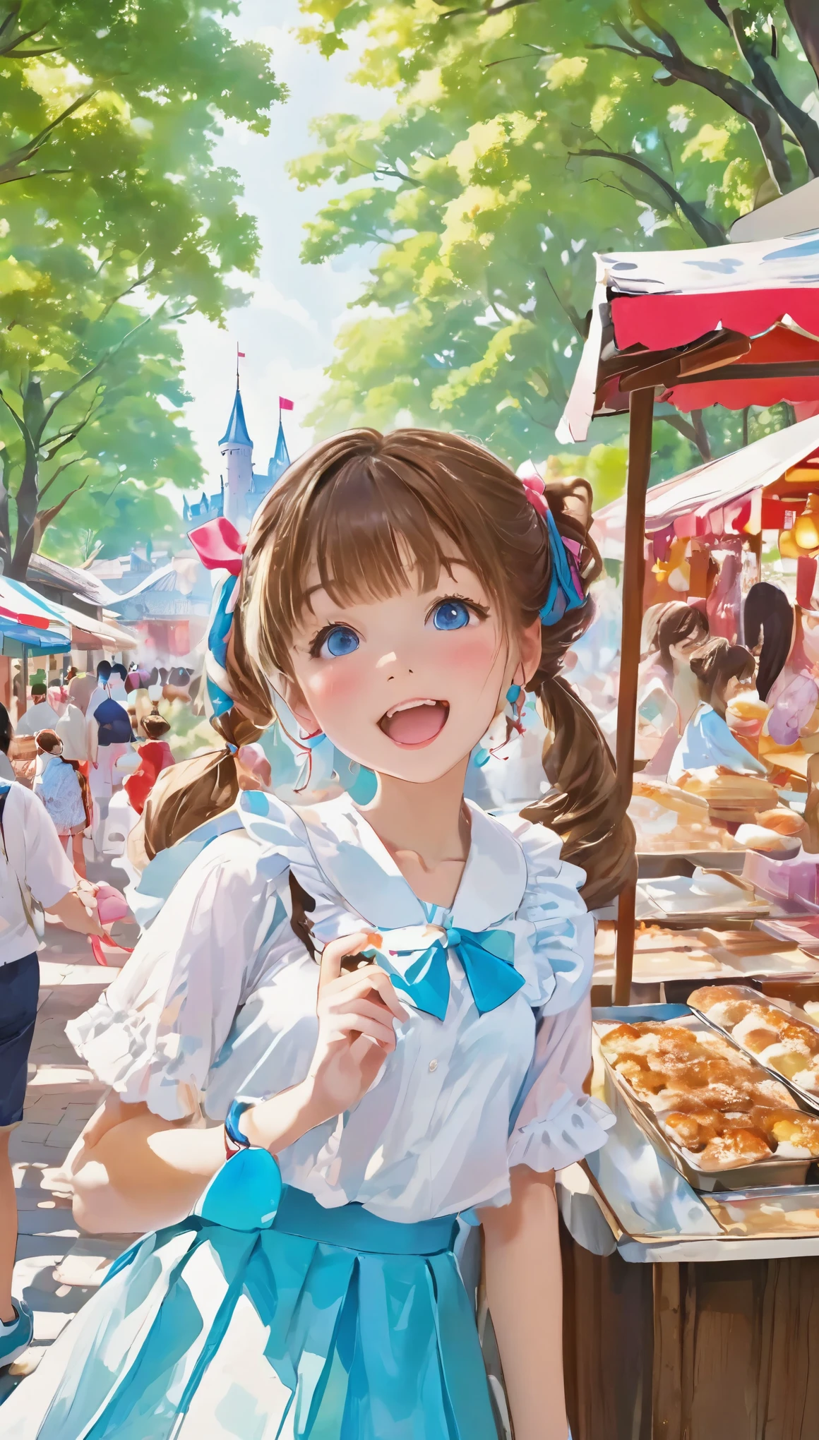 Anime style young girl with brown twin-tail hair and sky blue eyes, wearing a white frilly blouse and bright red skirt, white sneakers, and pink stud earrings, excitedly looking at a takoyaki menu at a stall. The stall is vibrant, located in a castle town park during early summer. The girl has a pink ribbon in her hair and a sparkling friendship bracelet. The background shows a lush green park with other customers enjoying their food under soft natural sunlight with tree shadows, creating a festive and joyful atmosphere.