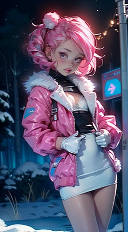 cute Fairy,(((a bit ,tiny a bit body,a bit))),((())),((anime Fairy with extremely cute and beautiful Fuchsia colored hair)), (((Fairy))), (((Fairy ears))),
(((Flat Chest))),((((Fuchsia colored hair:1.35,short Fuchsia colored hair,Inner hair color,Ear breathing)))),(Pink Eyes:1.5,Beautiful fine details,Symmetrical eyes),(((freckles on the face,freckles,frecklesのある少女))),(((Shiny skin:1.5,Light Skin: 1.5,Sunburned skin,Shiny skin,very Shiny skin,Shiny body,Plastic Glitter Skin,exaggerated Shiny skin,Glowing Skin))),(Delicate and fine fingers,Detailed body,Human hand,(Detailed face)),
cute,Lewd,erotic,Bold,(((Browsing Caution))),
zettai ryouiki,Revealing clothing,Show some skin,(((Sexy pink fur coat, pink fur coat outfit, Wearing a pink fur coat:1.3,pink winter coat))), ((Pink mini skirt,毛皮の縁取りのPink mini skirt,Visible ties)),(White gloves,Pink clothes,Half naked,with a bit pink clothing,((((Fur-trimmed clothing)))),(((Complex outfit,Complex clothes))),
(Dynamic pose:1.0),Embarrassing,(Centered,Scale to fit dimensions,Three-part method),
Snowy pine forest at night, With dark storm clouds,winter,scenery:1.25,Snow forest background Christmas tree,
High resolution, Sharp focus, (Super detailed, Very detailed), (Photorealistic artwork:1.37),(Very detailed CG unity 8k wallpaper),((Synthwave Background Theme)),(((Vibrant colors,))),(Complex),(masterpiece),(highest quality),