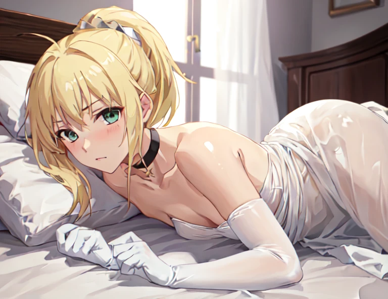best quality, masterpiece, highres, solo, {saber_fatestaynightufotable:0.90}, 1girl, elbow_gloves, bare_shoulders, official_alternate_costume, white_gloves, white_dress, choker, ponytail, strapless, anime_coloring, small_breasts lying on bed, while her hand Holden tight on bed begging and blushing the same time