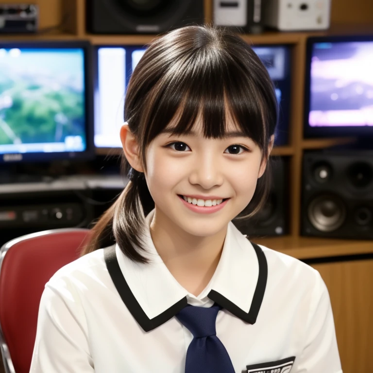 1 girl, He is sitting on a chair in the broadcasting room and speaking into a microphone.、Smiling and idol-like face、Smiling with teeth showing、alone, Japanese High School Girls, 18-year-old, (highest quality, Realistic, High resolution, 8k, Very detailed, Detailed face, Shiny skin), Japanese , Collared shirt, White shirt, Ribbon tie, Black Hair, ragged bangs, ponytail,