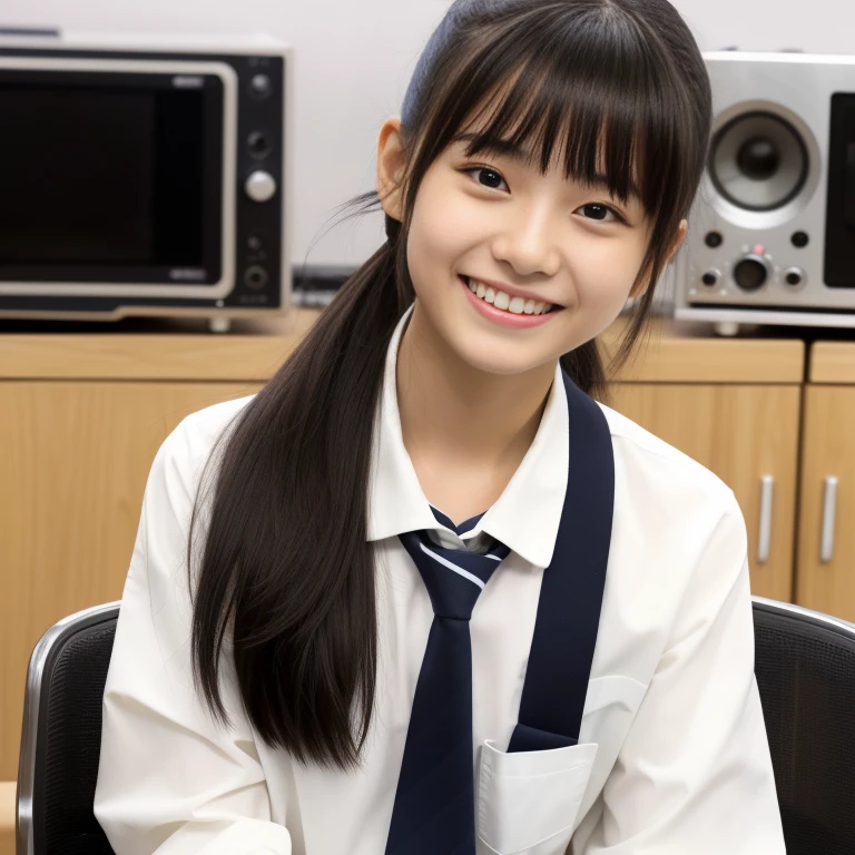 1 girl, He is sitting on a chair in the broadcasting room and speaking into a microphone.、Smiling and idol-like face、Smiling with teeth showing、alone, Japanese High School Girls, 18-year-old, (highest quality, Realistic, High resolution, 8k, Very detailed, Detailed face, Shiny skin), Japanese , Collared shirt, White shirt, Ribbon tie, Black Hair, ragged bangs, ponytail,