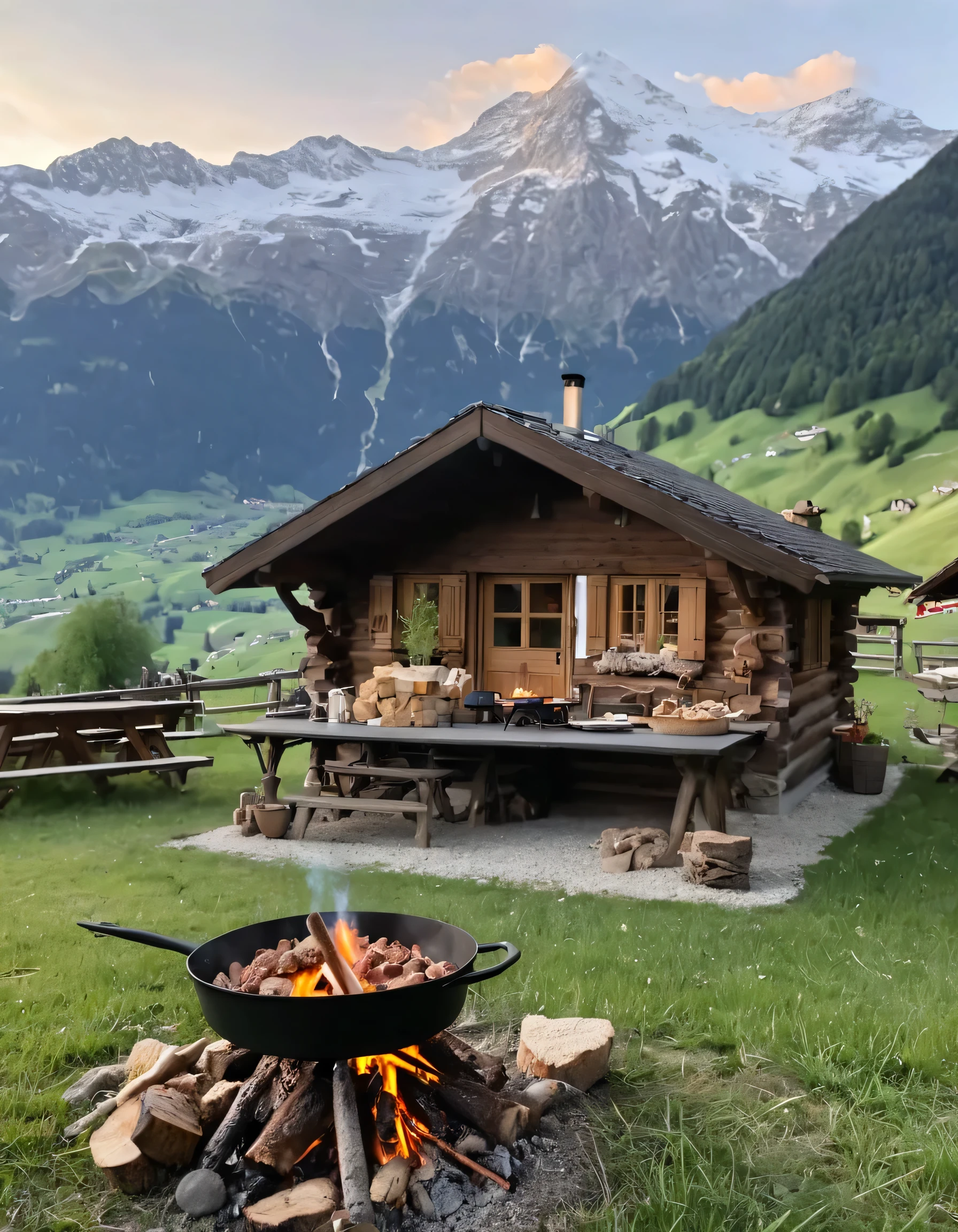 there is a pan of food cooking on a campfire in front of a cabin, setting in nature, beautiful place, cozy place, beautiful setting, log cabin beneath the alps, cottagecore!!, paradise in the background, cooking it up, incredibly beautiful, chalet, hearty breakfast, in the swiss alps, 8k))