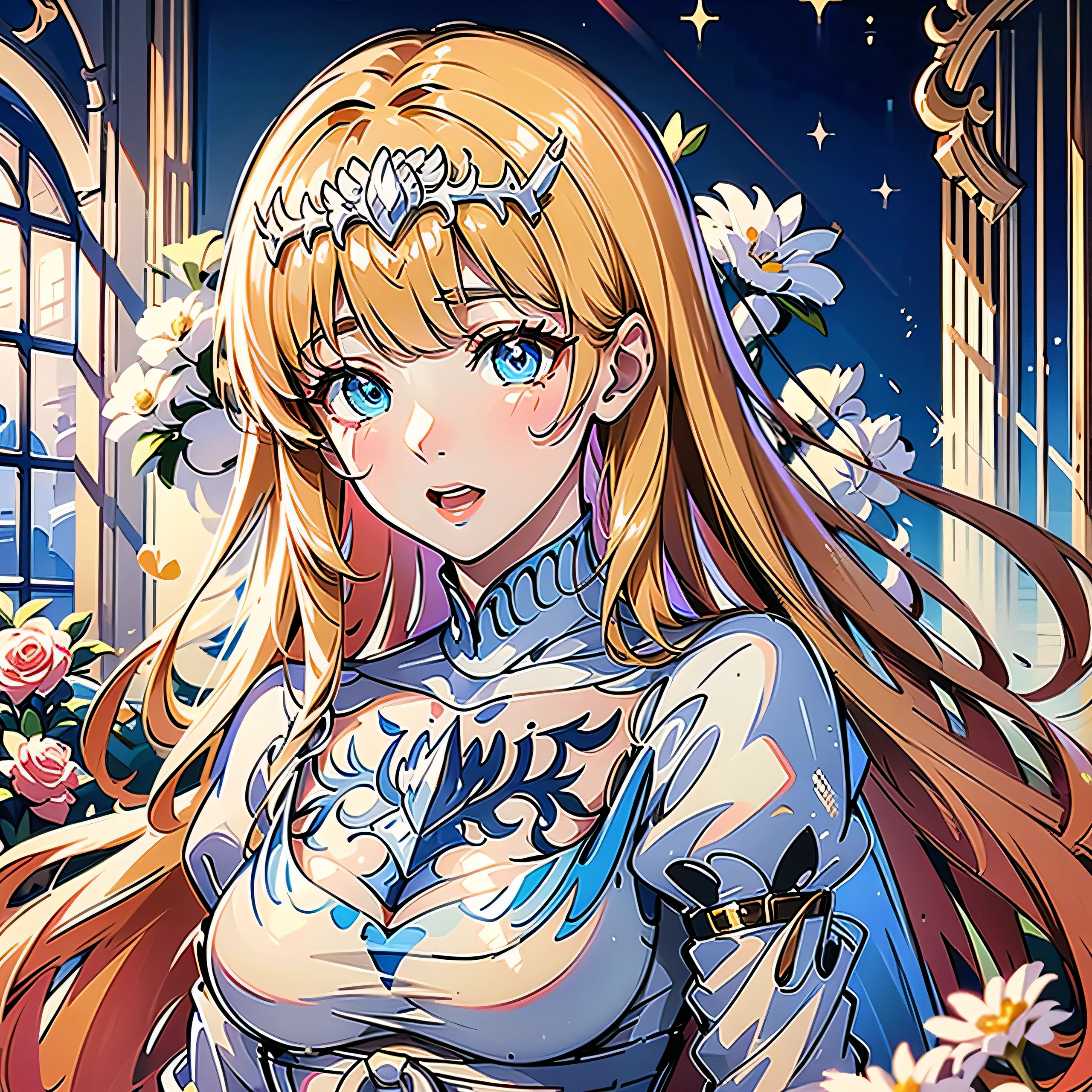 Master Pieces, hyper quality, Hyper Detailed, Perfect drawing,、Beauty in the world、、Delicate and smart eyes、Half-open lips、Graceful、Gorgeous、Beautiful、red blush(0.2)、Dazzling、Stunning、Gorgeous、Gentle、、natural soft light、Flowers and Birds Fugetsu, victorian luxurious room、Accurate drawing、Detailed drawing、1girl, solo, Calca, Calca Bessarez, blonde hair, extremely long hair, very long hair, white tiara, silver tiara, white dress, blue eyes, medium chest