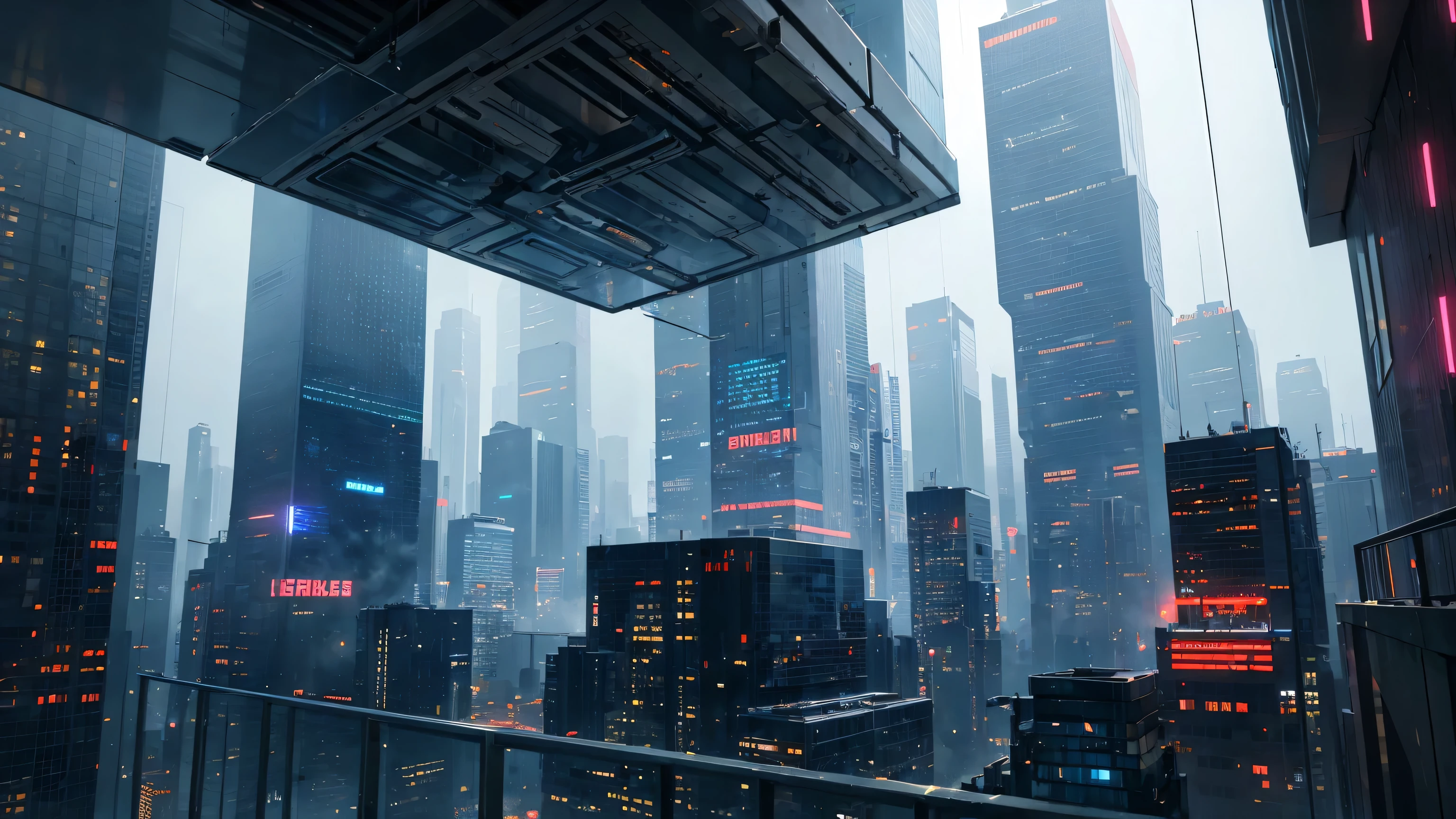 wide shot of corporate cyberpunk city, photorealistic, high detail, with glass towers and jetpackers, rain