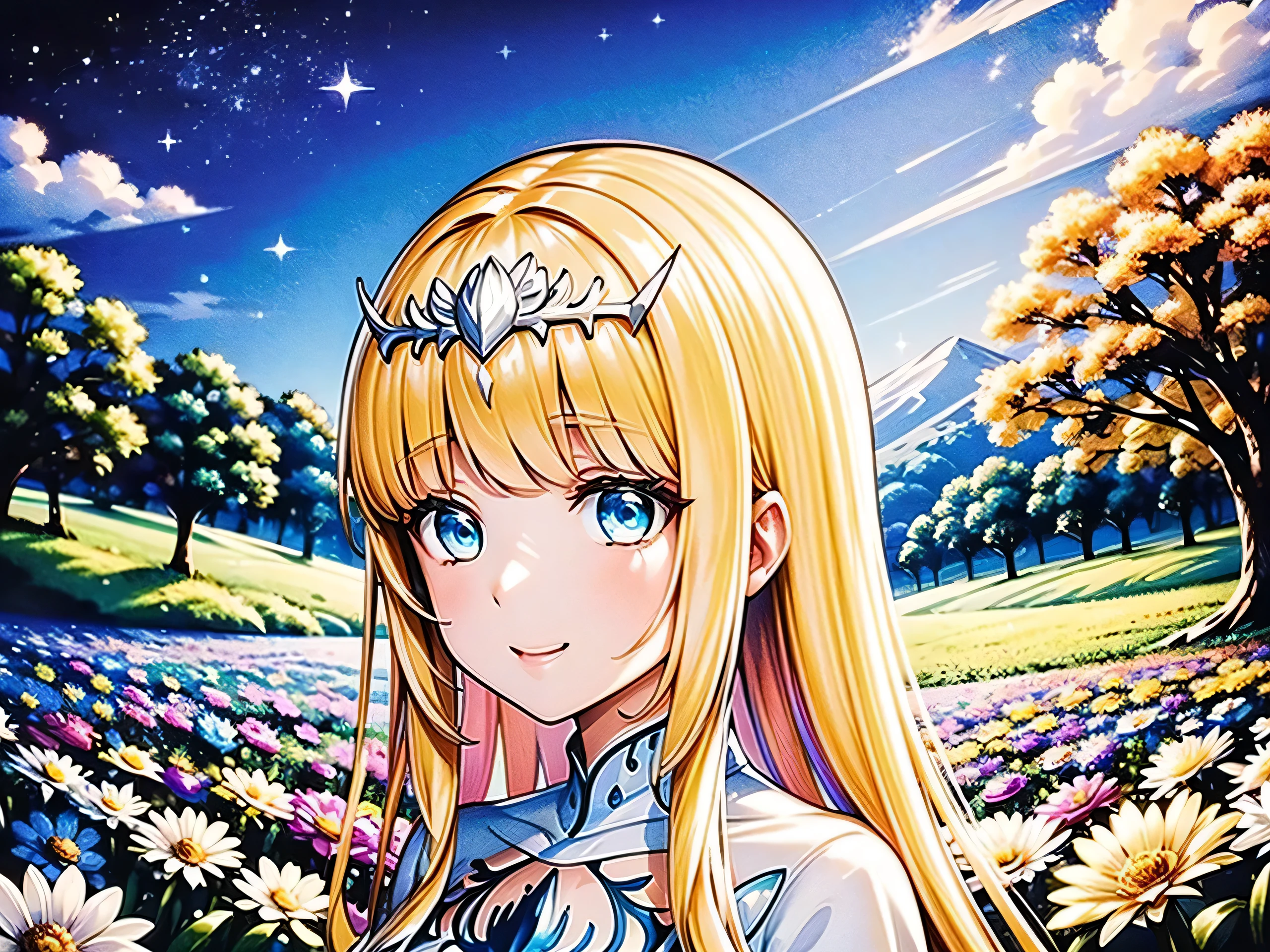 (hight resolution、ultra-detailliert、movie)、Happiness、Girl Standing In Cosmos Flower Garden、Girl around the petals、A charming smile、full body Esbiafacing front、Fantasia、Official art、pop-art、profile、hyperdetailed face、ultradetailed eyes、Cosmos flower garden、Ultra Detailed Fields、White blue sky、 Cold、shuicolor、blanche、Nebulae in the sky、Landscape of autumn leaves、watercolor paiting、PastelColors, 1girl, solo, Calca, Calca Bessarez, blonde hair, extremely long hair, very long hair, white tiara, silver tiara, white dress, blue eyes, medium 