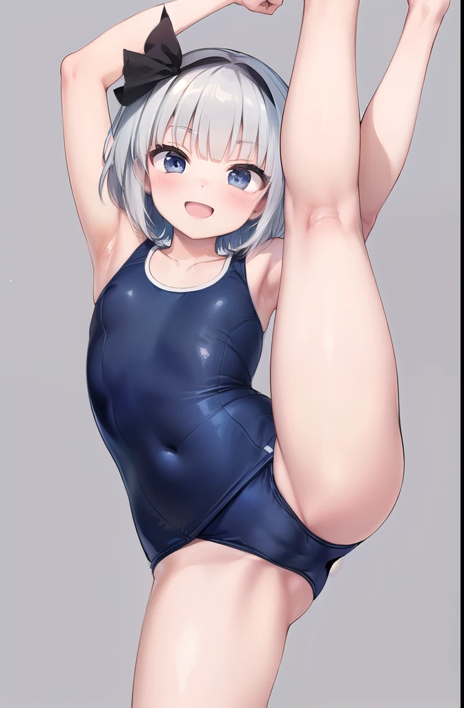 (((((whole body)))))、Youmu, Navy blue one-piece school swimsuit 、smile,、Cowboy Shot、 standing on one leg ,leg_lift,standing_split、barefoot、
