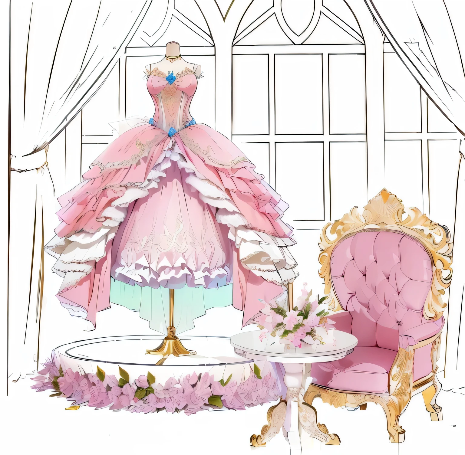 There is a picture of a skirt on the mannequin, Fashion Design, clear Fashion Design, Rococo dress, Gorgeous clothes, magical dress, Total commission, wearing Gorgeous clothes, Fairy tale style background, Magical girl style, Wearing a gorgeous dress, Rococo Queen, royal dress, fantasy costumes, Fairy tale style, Expensive loose dress, Dreamy dress,Optimized picture Warm background Exquisite coloring 4K picture Lovely skirt Exquisite and gorgeous lines Clear and warm light