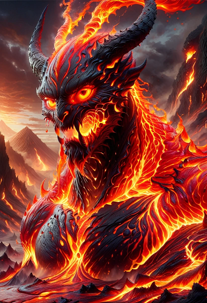 (Award Winning Digital Digital Artwork:1.3), (Masterpiece, Ultra-Detailed:1.3), portrait,solo focus, (Fire demon),(building-sized monster),Ifrit, smoke, fire, burning buildings, death, destruction, intricate