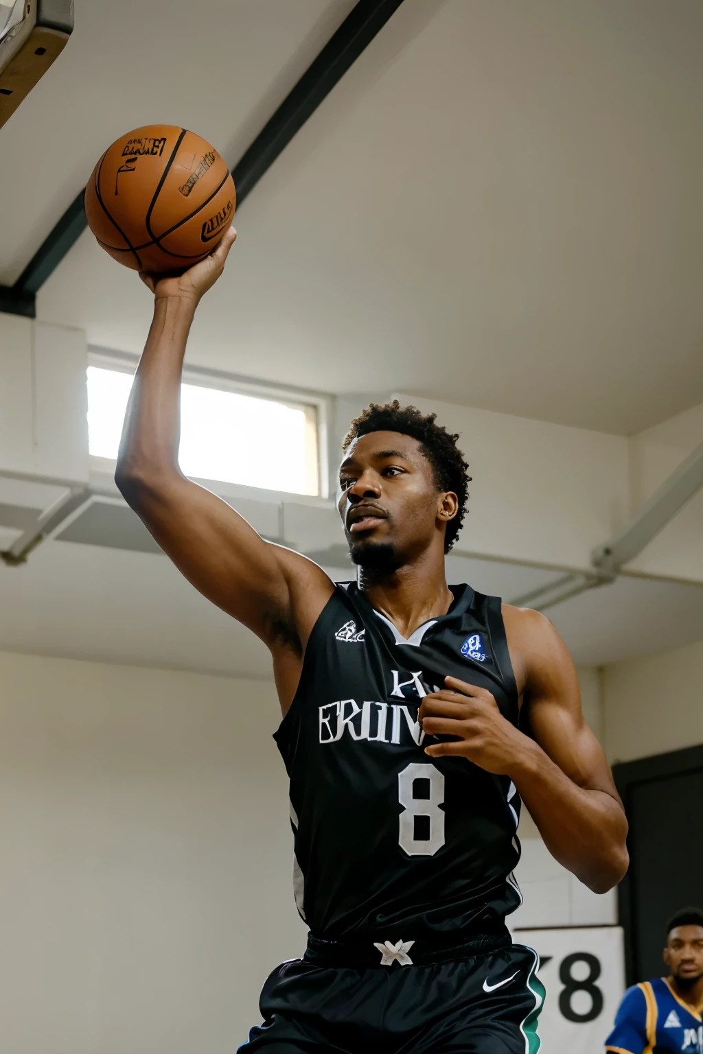 gere a foto de um homem negro marcando um ponto em uma cesta de basket ball