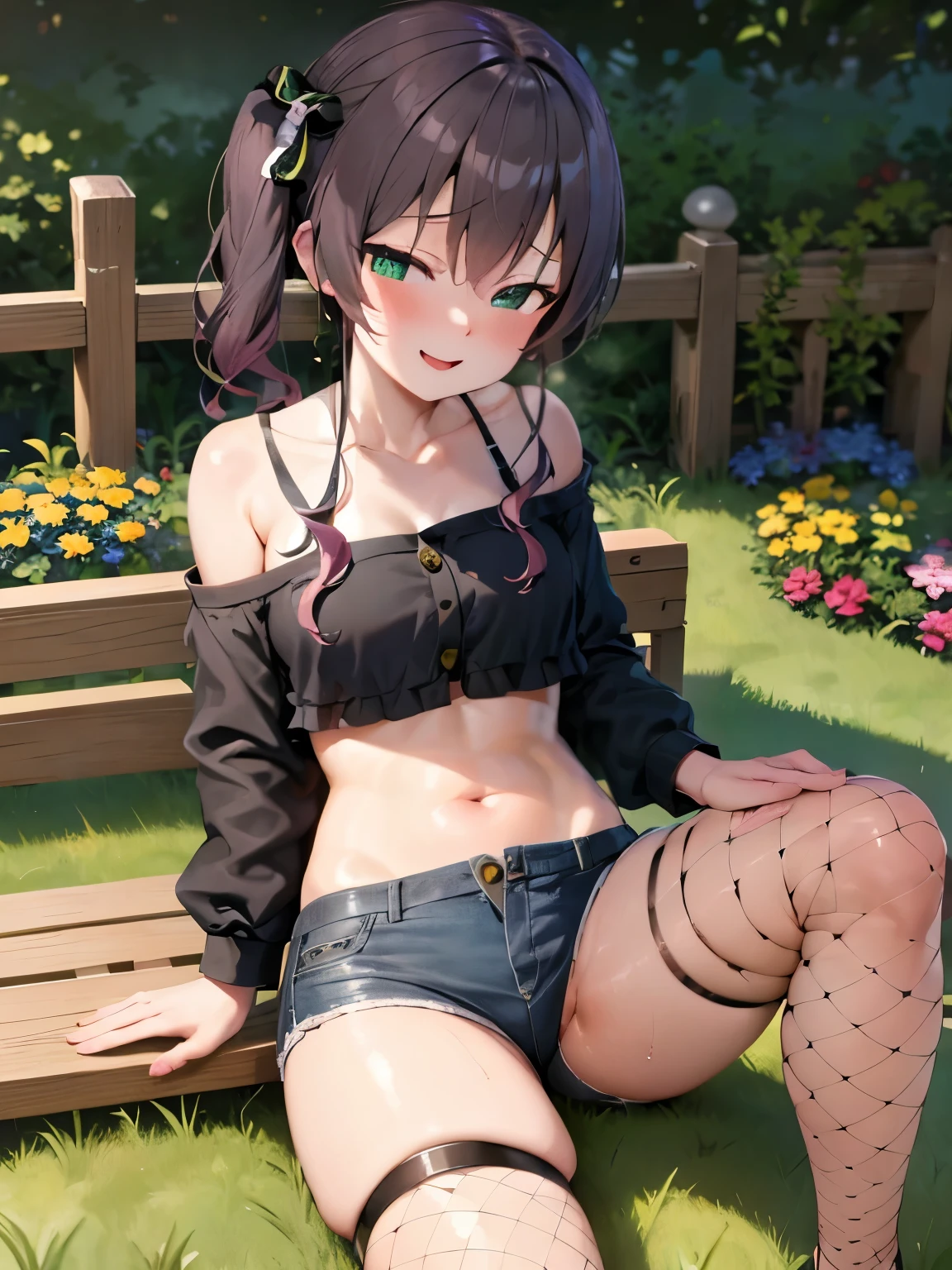 NSFW,Hololive,natsuiro matsuri,One Side Ponytail,cropped,Off the shoulder,Sexy Hot Pants,High Leg Hot Pants,Fishnet tights,Leg spread,garden,wood,bench,(Perfect hands),(Perfect Anatomy),(masterpiece),(highest quality)