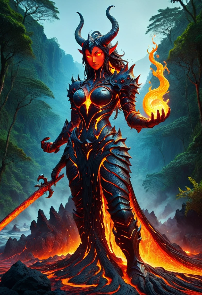 Lava Demon, ral-lava, LavaRay, Demon made entirely of lava, (best quality, highres, ultra-detailed:1.2), intense, fiery, and fearsome Lava Demon, glowing red eyes, sharp fangs and claws, towering over the landscape, surrounded by swirling magma, molten rivers flowing in the background, emitting a sinister glow, smoke billowing from its nostrils, an aura of pure heat and destruction, devilish horns adorned with lava drips, an otherworldly entity emerging from the depths of the Earth's core, surreal and menacing, in the style of dark fantasy art, with vibrant colors and high contrast, cast in a hellish color palette.